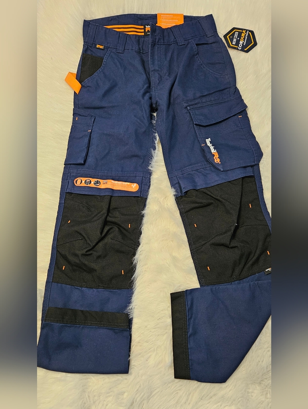 Timberland PRO Navy Work Cargo Pants with Black Knee Panels and Orange Accents